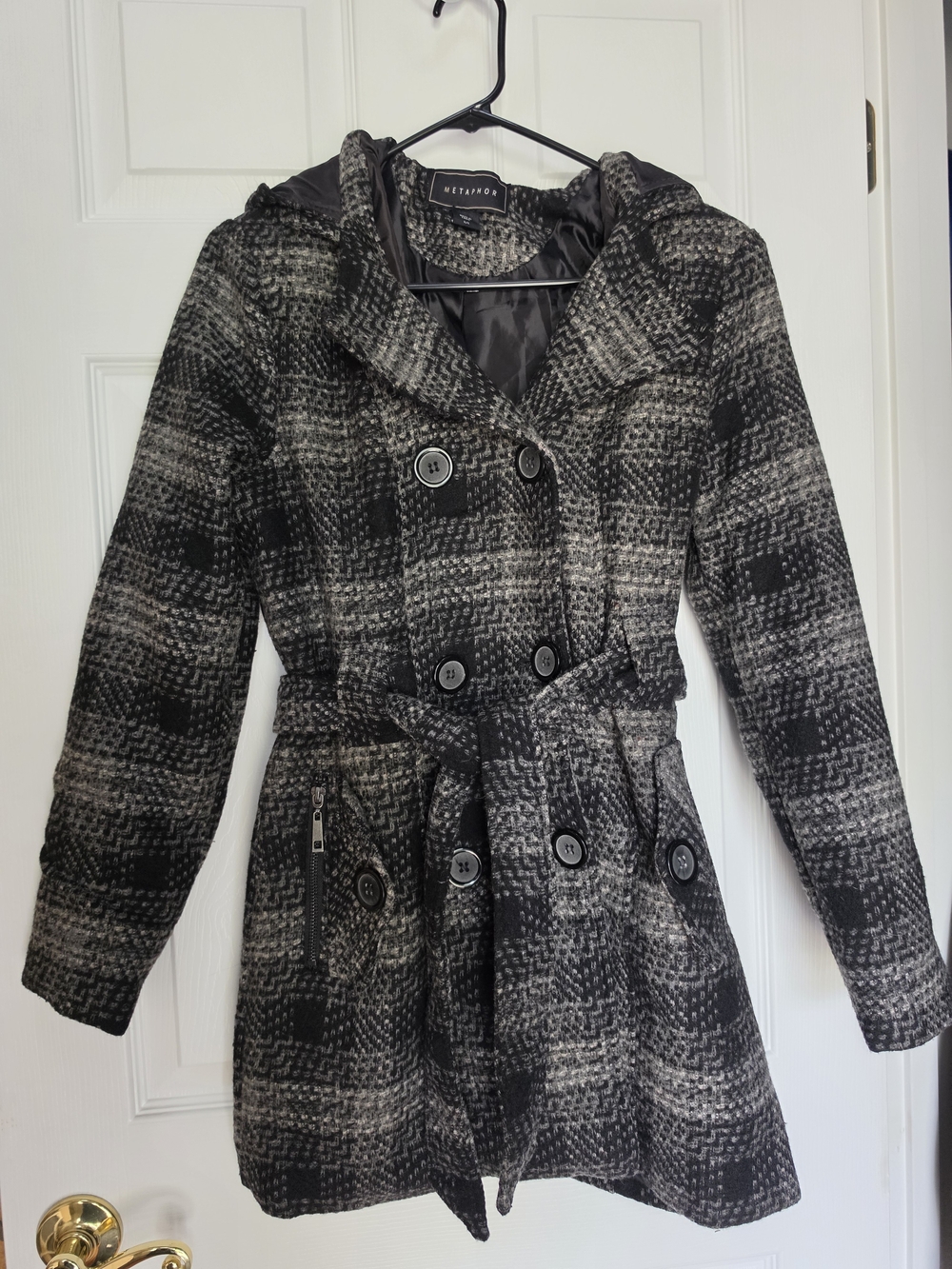 Metaphor Black & Gray Plaid Winter Coat | Double Button | Zip Pockets | S
